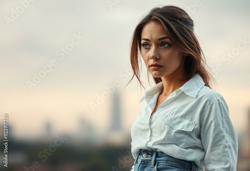 Portrait of a sad female with a cityscape background photo