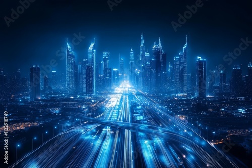 A stunning nighttime skyline of a modern city, showcasing skyscrapers illuminated in blue hues against a dark sky.