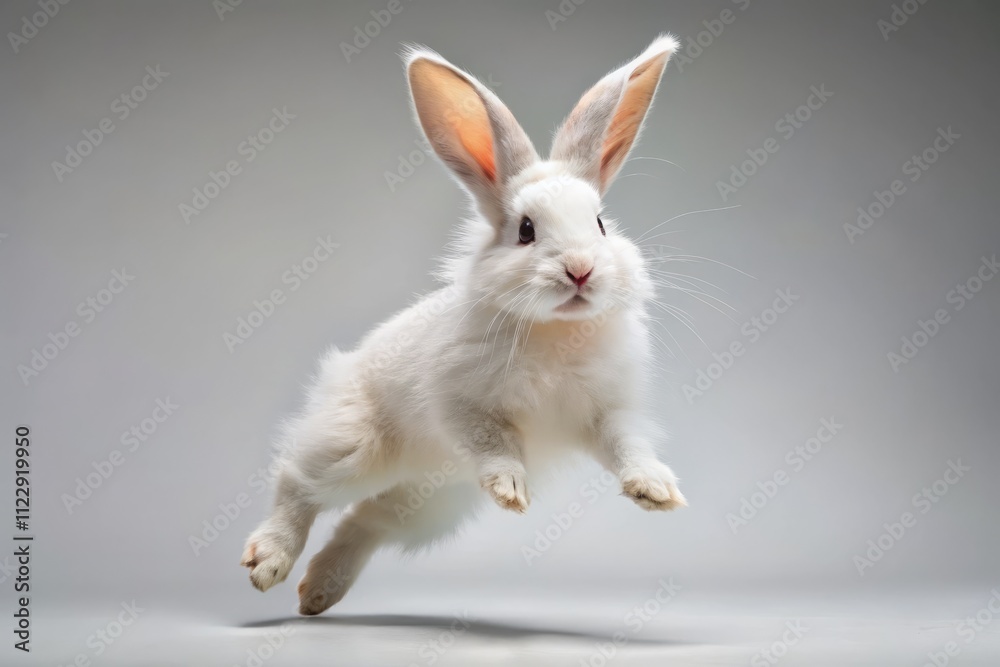 Fototapeta premium Energetic White Rabbit Dancing and Jumping Isolated on a Background for Product Photography