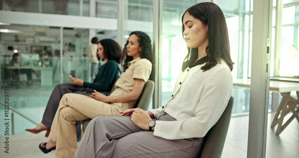 Interview, waiting room and nervous business woman check time for recruitment, watch schedule or anxiety. Hiring, candidates and queue in office for career opportunity, job search and human resources