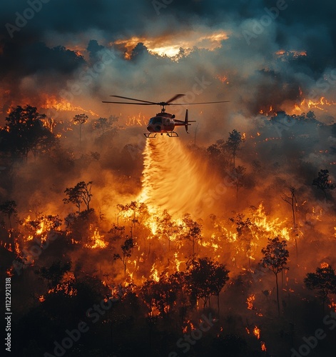 Due to climate change and global warming, a firefighting helicopter is combating a wildfire by dropping water, reflecting the growing trend of wildfires worldwide. photo