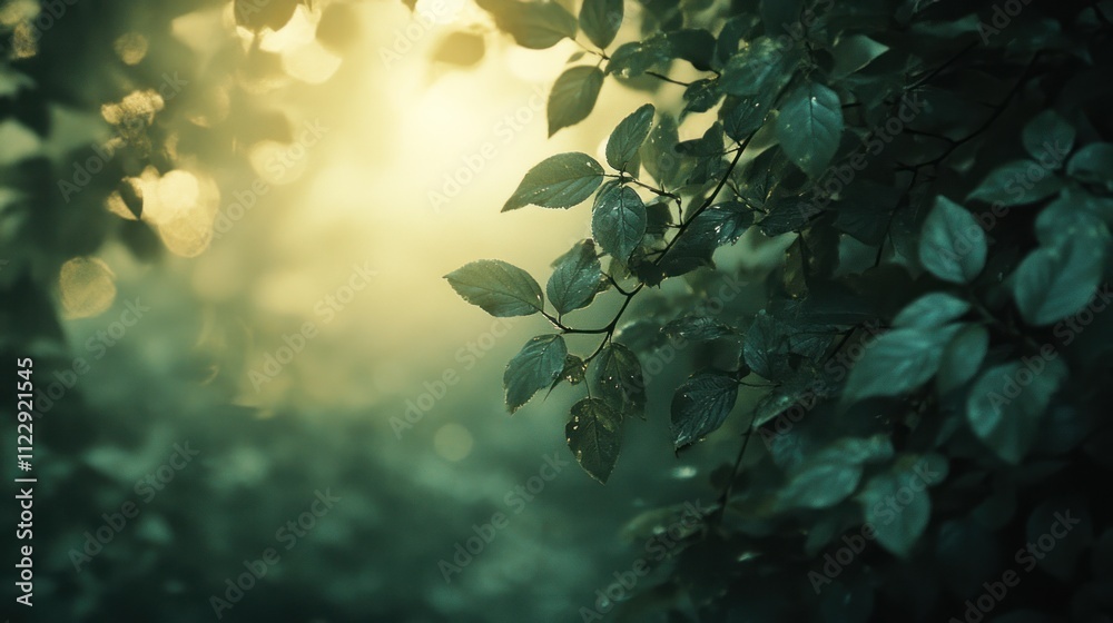 Naklejka premium Lush green leaves illuminated by soft light in a serene, misty environment.