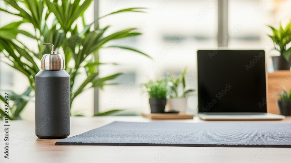 Fototapeta premium Productivity and Healthy Concept, Modern Home Gym Corner with Yoga Mat and Hydration Station in Bright Green Indoor Space