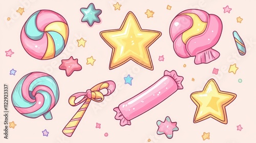 Comet star candy and ribbon illustration element in manga style pastel color photo