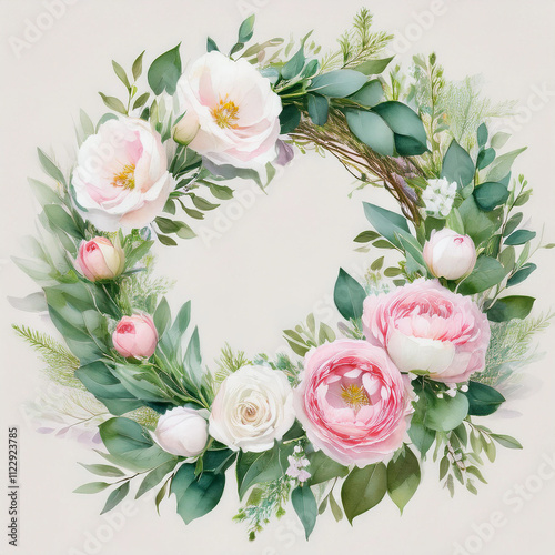 A romantic watercolor illustration featuring pastel flowers, perfect for wedding invitations and elegant branding.