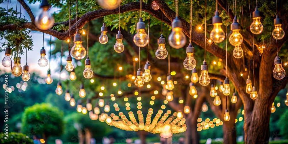 Enchanting Long Exposure of Hanging Light Bulbs as Wedding Decoration Under a Tree, Creating a Magical Atmosphere for Outdoor Celebrations and Romantic Events Enchanting Long Exposure of Hanging Light Bulbs as Wedding Decoration Under a Tree, Creating a Magical Atmosphere for Outdoor Celebrations and Romantic Events