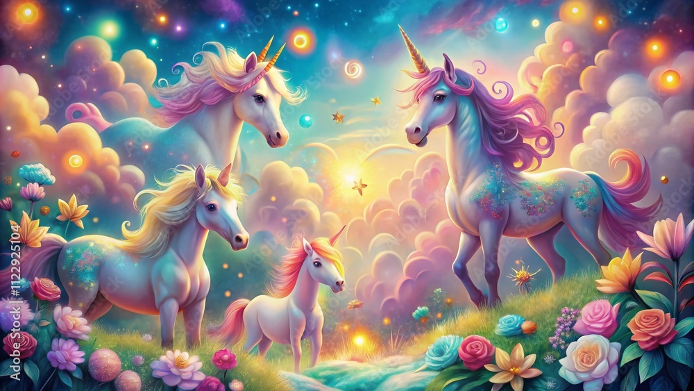 Obraz premium Enchanting Low Light Photography of a Sweet Pattern Featuring Whimsical Unicorns with Colorful Accents and Dreamy Backgrounds for a Magical Aesthetic Appeal