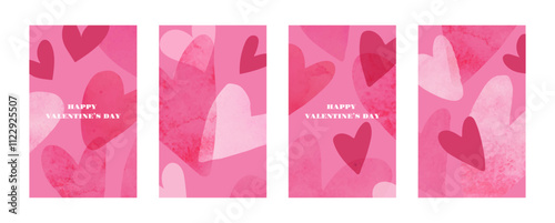 Set of beautiful trendy Valentine's day cards. Watercolor hearts. Romantic design templates for February 14 or wedding invitations. Elegant vector illustrations.