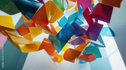 Abstract installation with colorful, suspended shapes creating a sense of motion photo