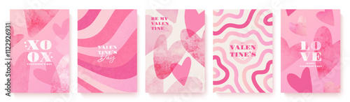 Set of beautiful trendy Valentine's day cards. Watercolor hearts. Romantic design templates for February 14 or wedding invitations. Elegant vector illustrations