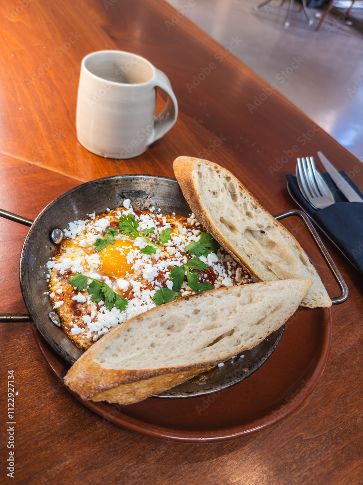 Savory Breakfast with Eggs, Bread, and Coffee