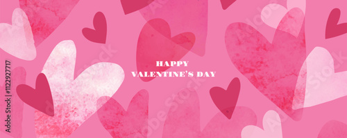 Happy Valentines day illustration with watercolor hearts on pink background. Romantic design templates for February 14. Modern trendy vector design.