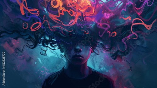 image of person suffering from information overload and worried stressed thoughts. depression, obsessive compulsive, adhd, anxiety disorders concept 