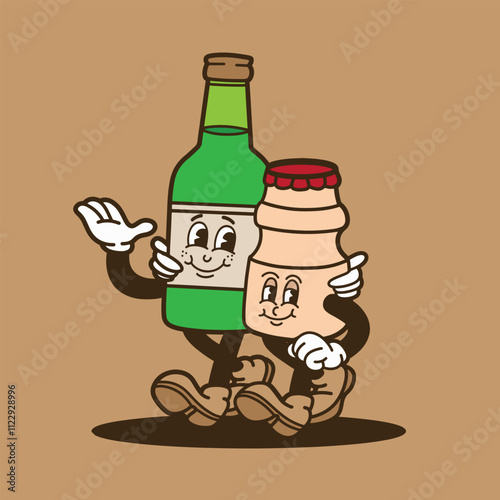 mascot drink soju and yogurt good for sticker, badge, bar mascot, cafe mascot, print design, element design, etc