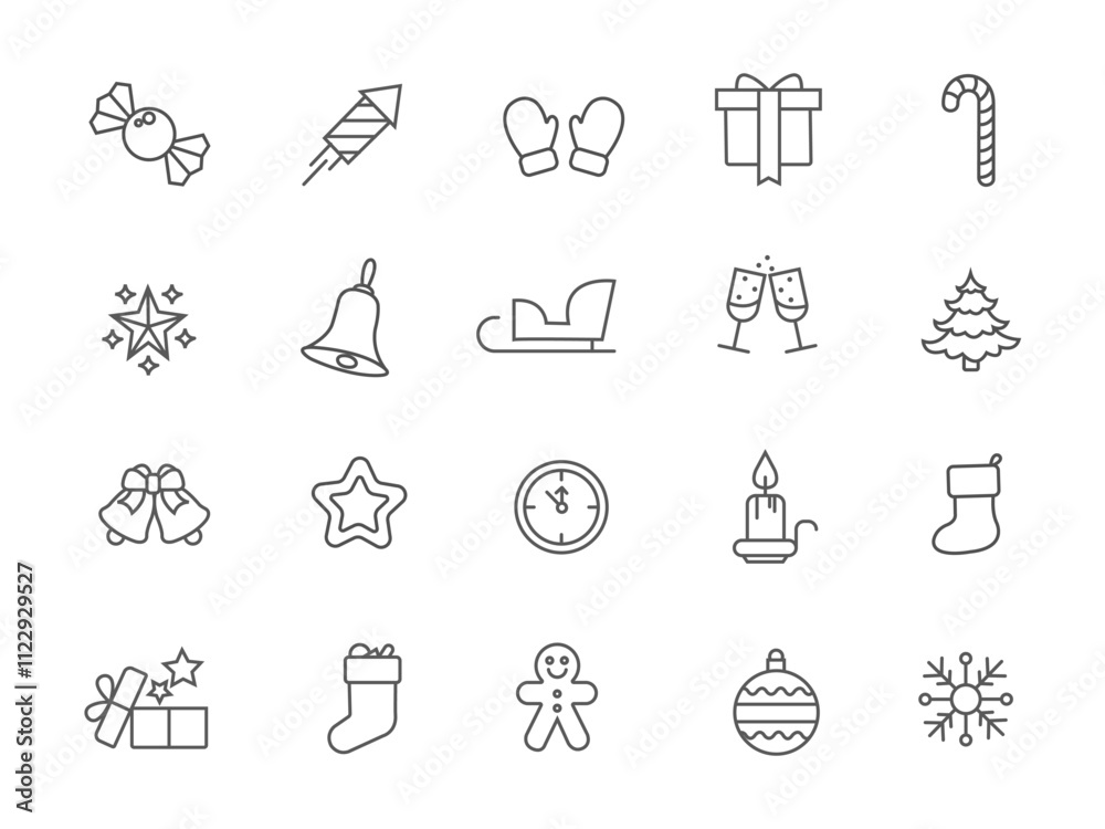 Naklejka premium Christmas and New Year icons. Winter. Winter holidays. New Year. Christmas. Winter holidays. A vector image. A set of editable linear icons.