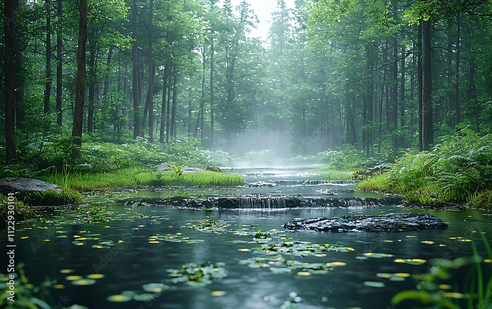 Obraz premium Serene rainforest stream with misty atmosphere, lush greenery, and calm water flowing over rocks.