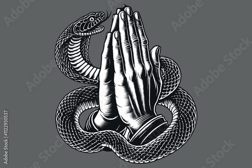  Praying hands wrapped with a snake, vintage black and white engraving tattoo art