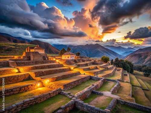 Ethereal Low Light Photography of Chinchero Archaeological Site at Dusk, Capturing Ancient Inca Ruins Amidst the Mystical Glow of the Urubamba Province, Peru photo