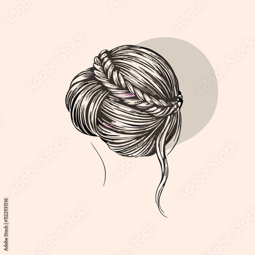 a black and white illustration of a woman's hair in a bun.