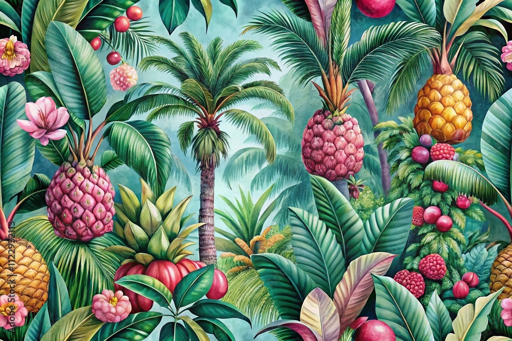 Fototapeta premium Exotic Tropical Fruits Pattern with Pink Palms and Lush Green Jungle Trees for Hand-Drawn Oriental India Wallpaper Mural, Capturing the Essence of Vibrant Tropics