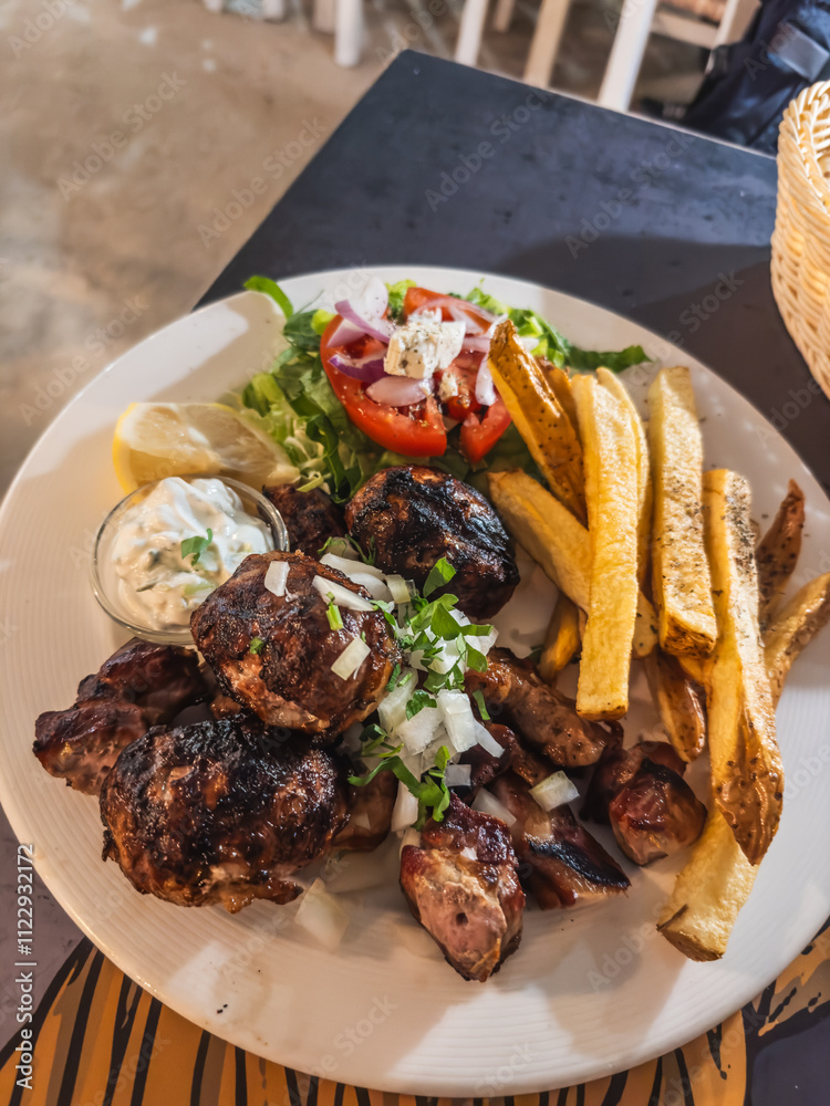Grilled Meat with Salad and Fries