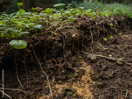 A forest soil profile showing rich humus on the surface, decomposing plant material, and fungal networks extending into the subsoil.