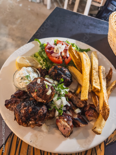 Obraz na płótnie Grilled Meat with Salad and Fries w salonie