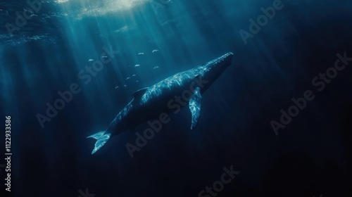 Blue whale swimming gracefully through the deep ocean with small fish accompanying it photo