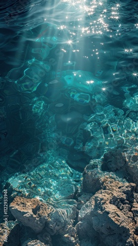 Captivating underwater seascape with vibrant coral reef formations shimmering light reflections and a sense of serene tranquility  Explore the beauty and wonder of the aquatic world beneath the waves photo