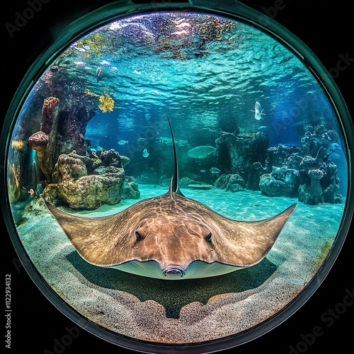 A vibrant underwater photo of a stingray in shallow waters, fisheye lens for immersive perspective, photo