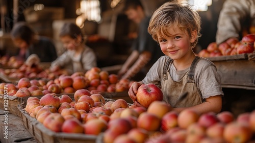 A smiling young boy holds a fresh apple at a rustic farm market, surrounded by rows of ripe apples, embodying the joy of harvest and the simplicity of farm life. AI generated. AI Generated photo