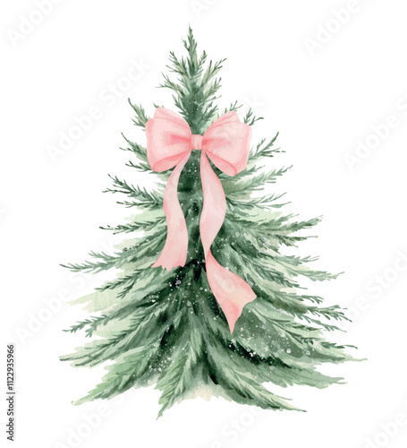 Watercolor Christmas tree with blush pink bow. A gentle and charming hand drawn illustration. It is ideal for festive decoration and celebrations.