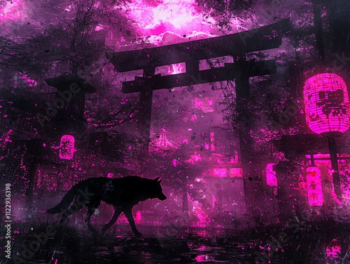 A mystical scene featuring a solitary wolf walking under glowing red lanterns in a vibrant atmosphere. photo