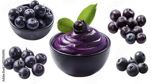 Acai Açaí berry berries fruit, many angles view top front heap pile bowl puree smoothie isolated on transparent background cutout, PNG file. Mockup template for artwork graphic design photo