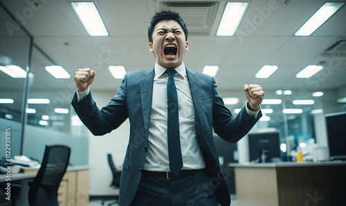 An employee, boss, or manager standing and shouting in an office, expressing frustration and anger.

 photo