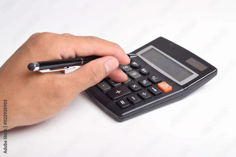 Man hands holding and using a calculator isolated on a white background Man hands holding and using a calculator isolated on a white background