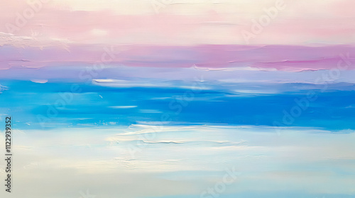 Horizontal thin canvas wall art, featuring a narrow strip design, soft and light colors like pastel blues, creams, and gentle pinks, abstract patterns.