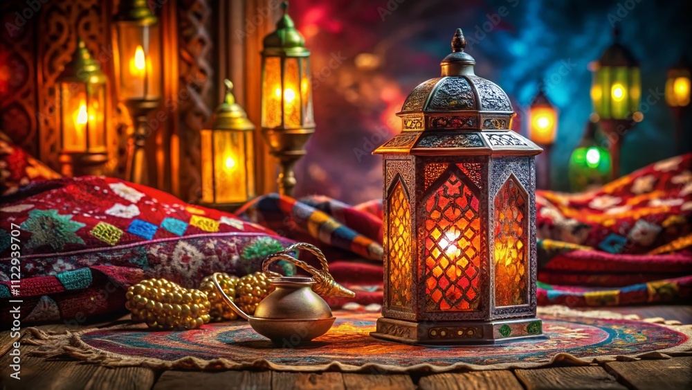 Fototapeta premium Festive Still Life for Ramadan Kareem Featuring an Oriental Lantern in a Low Light Setting with Decorative Elements and Traditional Textiles for a Serene Atmosphere