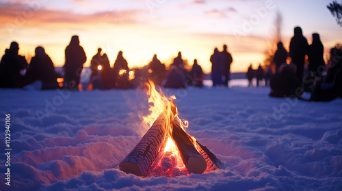 A winter solstice bonfire at dusk with people gathered around, bundled in warm clothing, sharing drinks and stories in a serene, snowy setting.