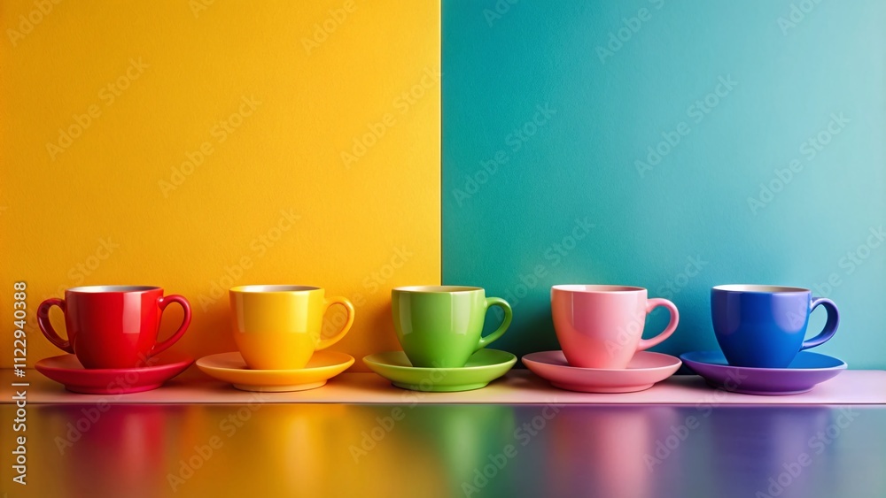 Five Empty Coffee Cups Aligned in Vibrant Rainbow Colors Against a Minimalist Background for a Chic and Modern Aesthetic
