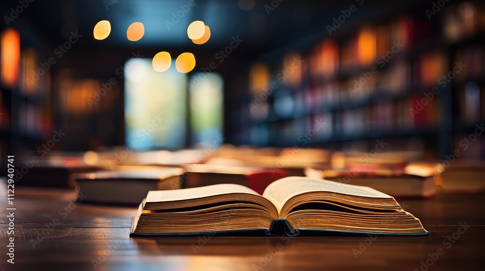 Fototapeta premium Open Book on Wooden Table in Library with Blurred Bookshelves