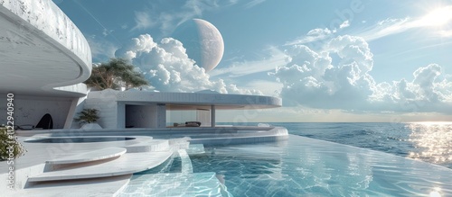 Luxurious Tropical Seaside Villa with Infinity Pool and Panoramic Ocean Views   Stunning 3D Rendering of a Futuristic Modern Architectural Design in a Serene