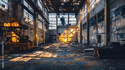 A musician at a piano in an eerie abandoned warehouse, surrounded by shadows and faint light.