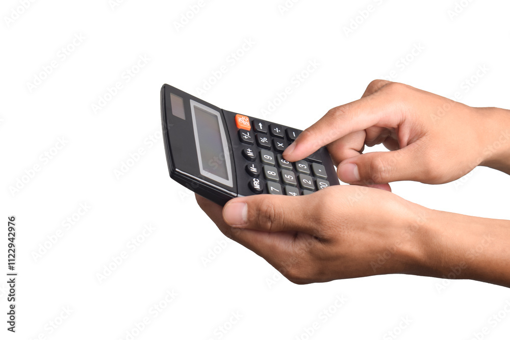 Hands holding and using a calculator isolated on a white background Hands holding and using a calculator isolated on a white background