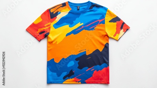 A brightly colored t-shirt showcases an abstract design filled with energetic splashes of red, blue, yellow, and black, reflecting creativity and a love for active lifestyles. photo