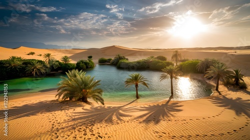 a hidden desert oasis surrounded by golden sand dunes.