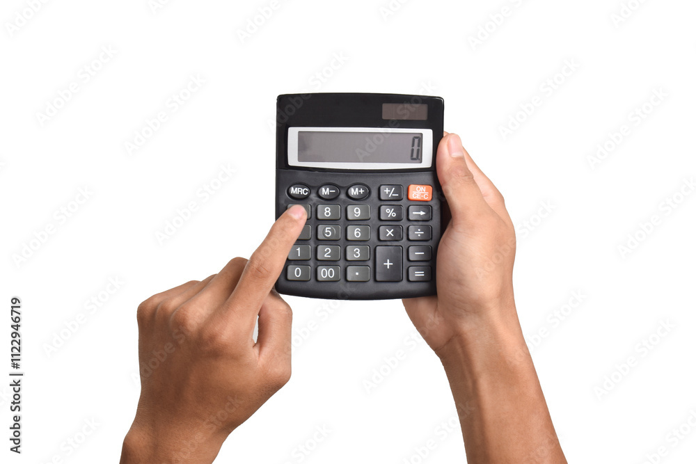 Hands holding and using a calculator isolated on a white background Hands holding and using a calculator isolated on a white background