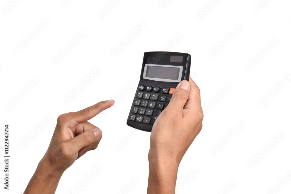 Hands holding and using a calculator isolated on a white background Hands holding and using a calculator isolated on a white background