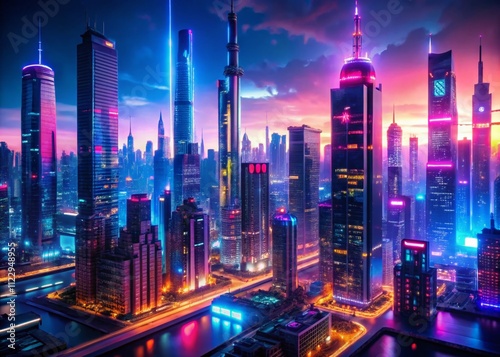 Wallpaper Mural Futuristic Cityscape Illuminated by Digital Lights, Showcasing Advanced Technology and Cyberpunk Aesthetics in a Vibrant Urban Environment of Innovation Torontodigital.ca