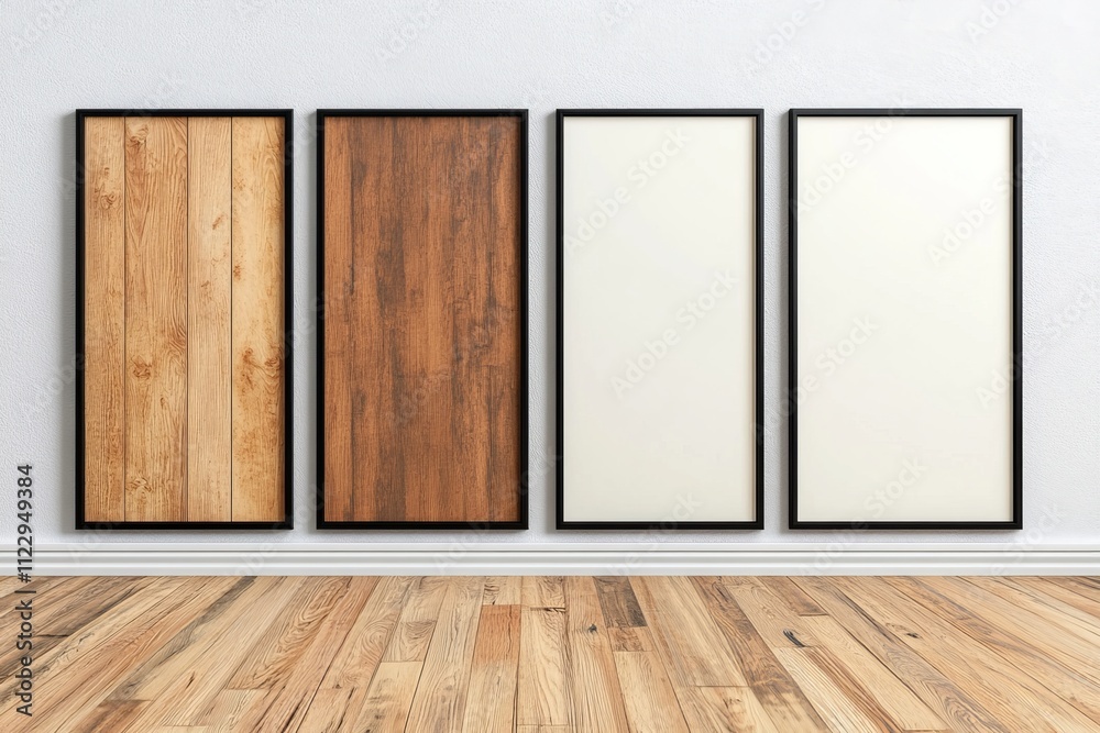 Four stylish picture frames displaying a mix of wooden textures and blank canvases, creating a modern and elegant wall art display. trending mockup design Four stylish picture frames displaying a mix of wooden textures and blank canvases, creating a modern and elegant wall art display. trending mockup design